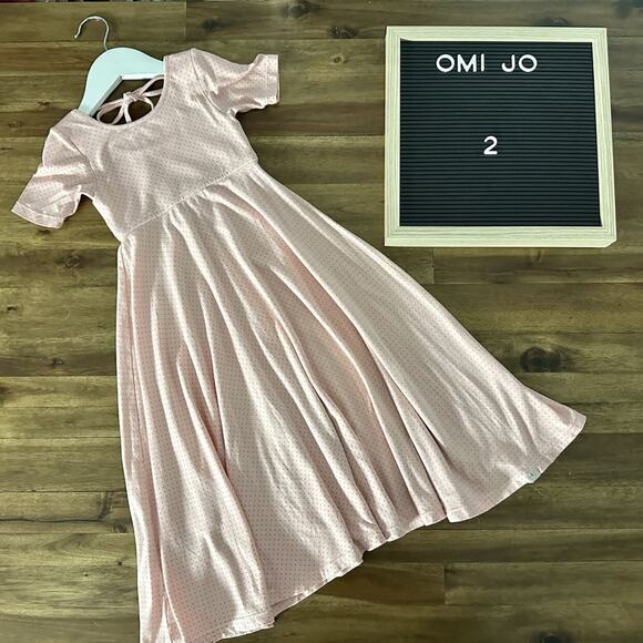 Omi Jo Pink Blossom Polka Dots Empire Maxi Knit Short Sleeve Dress Spring 2 - Picture 1 of 7